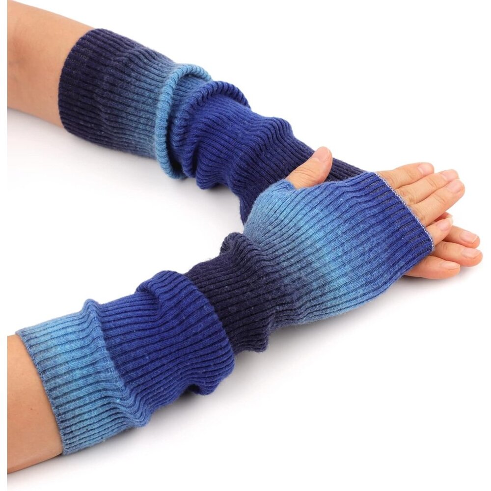 HOT Blended Arm Warmer Winter Fingerless Gloves Tie Dye-blue,42cm